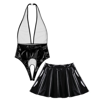Sissy Women Leather Lingerie Set Halter Sleeveless Crotch Opening Bodysuit with Mini Skirt Set for Lingerie Tempting Nightwear