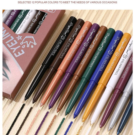 12pcs/box Black Gold Eyeliner Pencil Set Long-Lasting Waterproof Pigment Green Purple Eye Liner Pen Women Colorful Eye Cosmetics