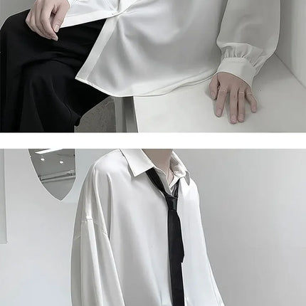 Korean Style Men's Long-sleeved Shirts Black Tie Cozy Casual Solid Oversize Blouses Breathable Loose Shirt Harajuku Male Clothes