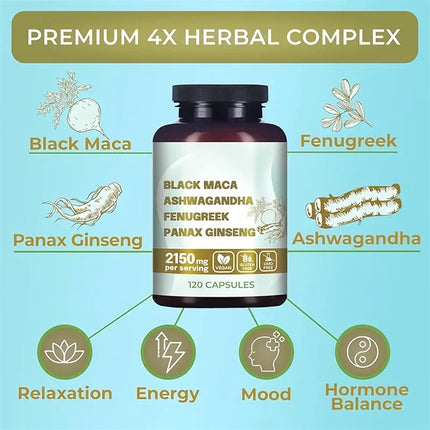 Black Maca Root, Ashwagandha, Panax Ginseng, Fenugreek Capsules, Male Enhancing Supplement Natural 4-in-1 Organic Original