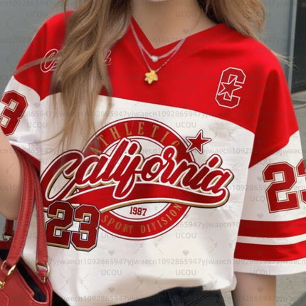 Girls Casual Sports Style California Print Short Sleeve V-Neck Women's Children Men's T-shirt Tops