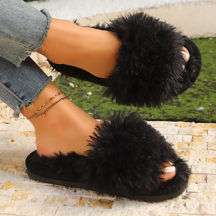 Cross Band Fur Slippers for Women Fluffy Open Toe Shoes Plush Flat Home Fuzzy Floor Slipper Woman Cozy Warm Soft Sole Anti Slip