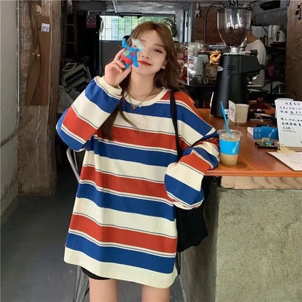 Women's Autumn T-shirt Striped Top Sweatshirt 2024 Korean Fashion Long-sleeved T-shirt Spliced Loose Couple Oversized Hoodie