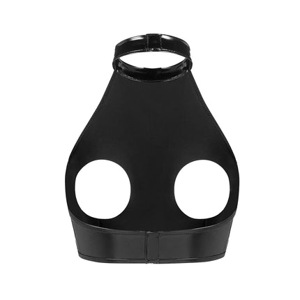 Sexy Women Halter-neck Hollow Out Lingerie Open Cup PVC Leather Crop Tops Wet Look Latex Bras Clubwear Exotic Backless Camisoles