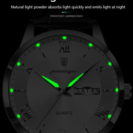 POEDAGAR Classic Luxury Men's Wristwatch Date Week Leather Business Man Watch Waterproof Luminous Fashion Quartz Watches For Men