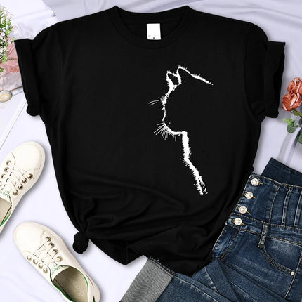 Simple Strokes Of Cat Funny Printed Women T-Shirt Fashion Casual Short Sleeve O-Neck Personality Street Tee Clothing Summer Tops