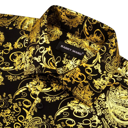 Luxury Silk Shirts for Men Long Sleeve Gold Black Floral Embroidered Regular Slim Fit Male Tops Regular Lapel Bloues Barry Wang