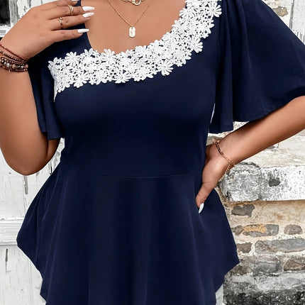 Plus Size Summer European and American Style Shirt for Women Casual Cute Solid Ruffle Neck Curve Clothing Tops