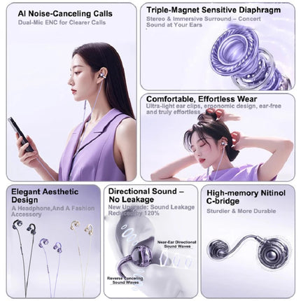 Lenovo 3.5mm/Type-C Clip-On Wired Earphones Bone Conduction HiFi Sound Ultra Light Noise Cancelling Mic For Gaming Work Travel