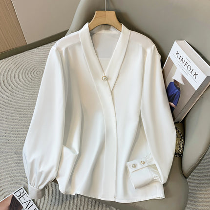 Plus Size Chiffon Shirt Women 2024 Autumn V Neck Elegant Black Or White Shirt For Women Korean Style Large Size Blouses Female