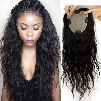 Human Hair Silk Base Topper with 4 Clips In Hair Toupees Virgin Hair Loose Wavy Fine Hairpiece Toupee For Women