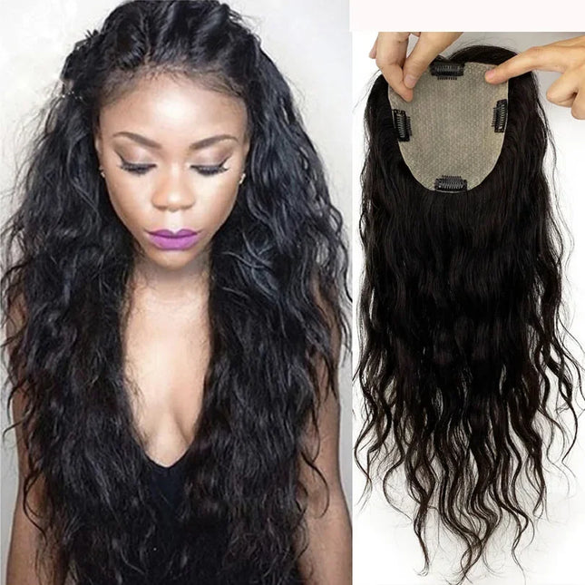 Human Hair Silk Base Topper with 4 Clips In Hair Toupees Virgin Hair Loose Wavy Fine Hairpiece Toupee For Women