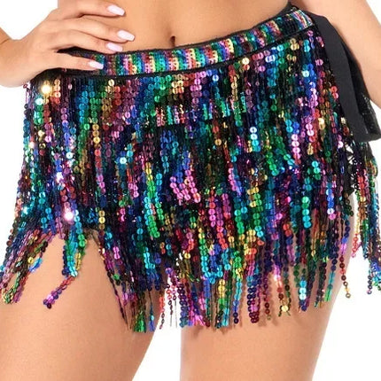 Sexy Sequins Tassel Dancewear Mini Skirt Women Clothes Jupe Femme Belly Dance Skirts Ladies Faldas Performance Stage Bottom Saia