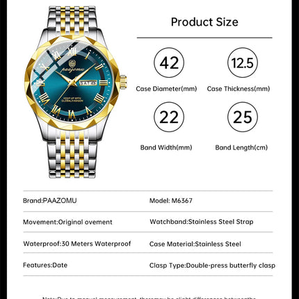 PAAZOMU Sport Original Men Clock Quartz Date Week Luxury Man Wristwatch Waterproof Luminous Stainless Steel Men's Watches Reloj