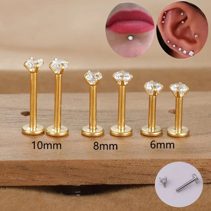 2PC Labret Tragus Stud Earrings 16G Surgical Stainless Steel CZ Crystal Monroe Helix Cartilage Conch Medusa Lip Body Piercing