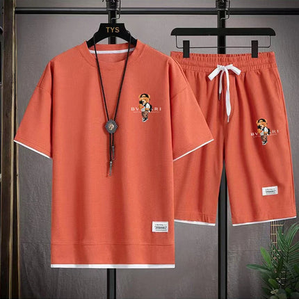 Men's Summer Casual Fashion Printed Loose Round-Neck Short-Sleeve T-Shirt Top and Shorts Set Comfortable Sportswear