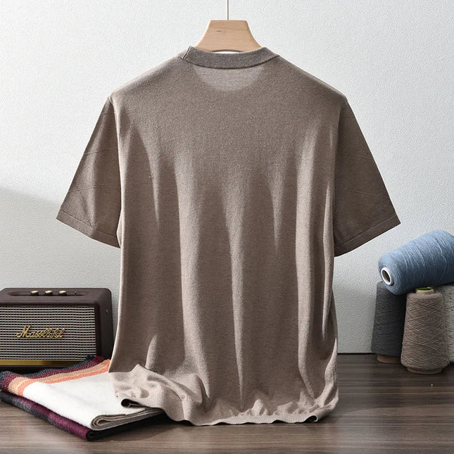 85% Silk + 15% Cashmere Men's T-shirt Casual Solid Color Knitted Pullover Short-Sleeved Round Neck Tees Basic Tops
