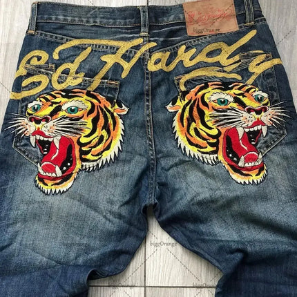 Mens Jeans Streetwear Y2K Vintage Straight Leg Denim Pants Skull Rose Flame Print Design Loose Fit Retro Punk Hip Hop Fashion