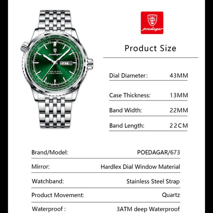 POEDAGAR Fashion Watches For Man Stainless Steel Date Week Quartz Men Clock Waterproof Luminous Luxury Military Men's Wristwatch