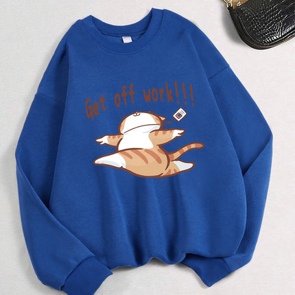 Get Off Work Happy Cat Prints Hoodies Women Winter Basics Pullovers Fleece Warm Soft Sweatshirts Casual Woman Autumn Clothes