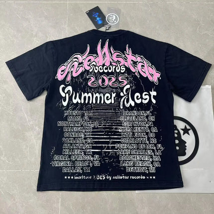 Retro Washed Loose Ex-Ort Sweet T-shirt Hell Star Skull Letter Print High Street Short Sleeve Summer Top for Men and Women