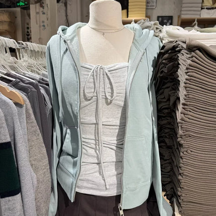 Mint Green Sweet Zip-up Hoodie Woman Autumn Zipper Drawstring Hooded Long Sleeve Cotton Sport Sweatshirt Slim Hoodies Y2k Tops