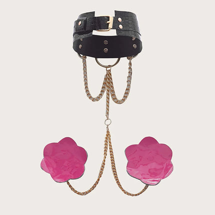 Sexy Body Chain Erotic Accessories For Women Pu Leather Nipple Cover Reusable With Choker Metal Chain Linked Nipple Pasties