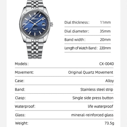 CHENXI 004D Fashion Original Classic Watches for Men Stainless Steel Band Quartz Date Display Male Sport Waterproof Wristwatch