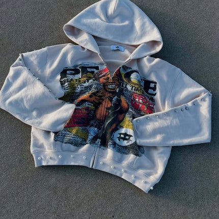 Y2k Aesthetic Pattern Print Sweatshirt Vintage Punk Gothic Couple Sweatshirt Emo Graffiti Print Pearl Design Hoodie 2000s