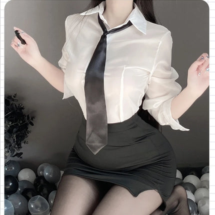 Sexy Pure Desire Summer Top Skirt Set Secretary Style OL Career White Shirt Women's Slim Fit Casual Fashion V-neck Polyester