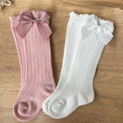 2 Pairs Girls Socks with Side Bowknots Decoration,Fashion Soft and Breathable Non-Slip Princess Stockings for 0-72 Months Babies