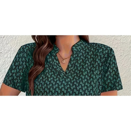 Plus Size 1XL-5XL New Women's Fashion Print Notch Neck Blouse Casual Short Sleeve Blouse For Spring