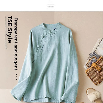 Retro Artistic Women's Long Sleeve Cotton Linen Loose Slim Fit Shirt Stand Collar Side Button Geometric Pattern Elegant Style