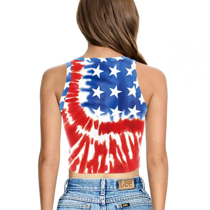 Nadanbao Women's Vest Summer Casual American Flag Tie Dyeing Cropped Tight Sleeveless T-Shirt Streetwear Crop Tops Y2K Tees