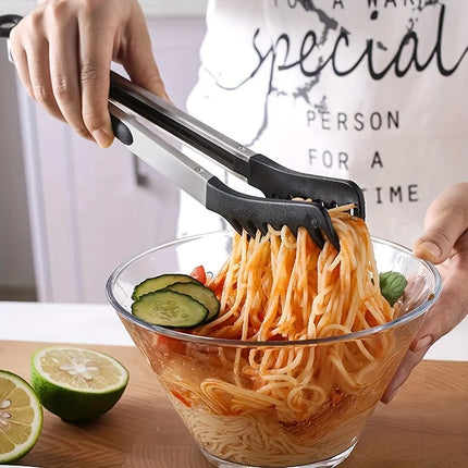 10-inch long-handled food tongs for pasta, salad, and spaghetti, stainless steel grilling tongs with heat-resistant handle