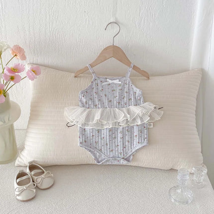 INS Summer Baby Girl Floral Lace Stitching Lace Bow Sling Triangle Jumpsuit for Toddlers and Baby Girls Summer Outdoor Wear