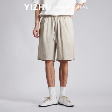 Men's Lyocell Cotton Shorts 2026 Summer Solid Color Drawstring Elastic Waist Wide Leg Five Points Sports Casual Pants