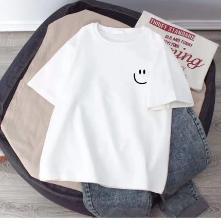 Summer Smiling Face Print Children's T-shirt Short-sleeved Pure Cotton Loose Basic Versatile Base Cool Simple Kid Girl Tees Tops