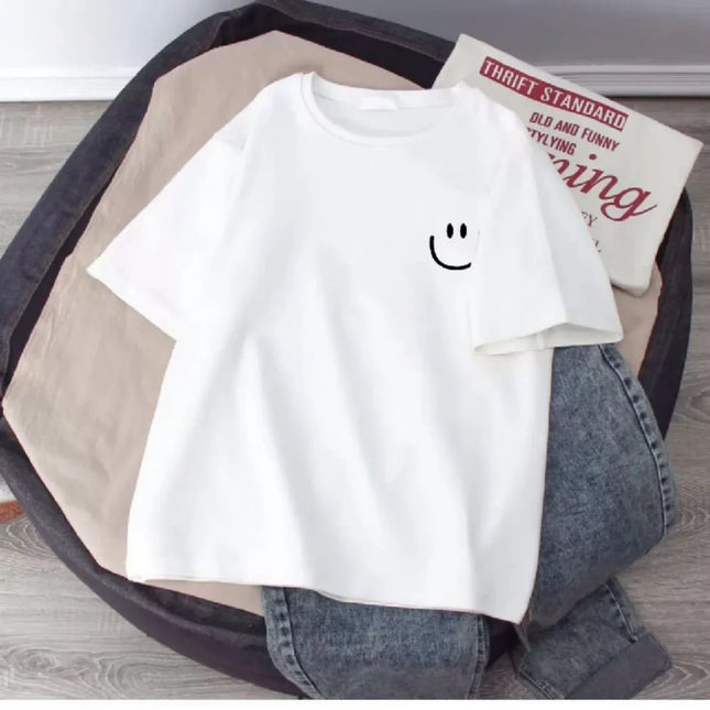 Summer Smiling Face Print Children's T-shirt Short-sleeved Pure Cotton Loose Basic Versatile Base Cool Simple Kid Girl Tees Tops