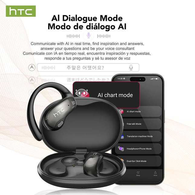 HTC NE19 Bluetooth Earphones AI OWS Sports Wireless Headphones with Mic Powerful Bass AI Translator Earbuds Waterproof Long Life