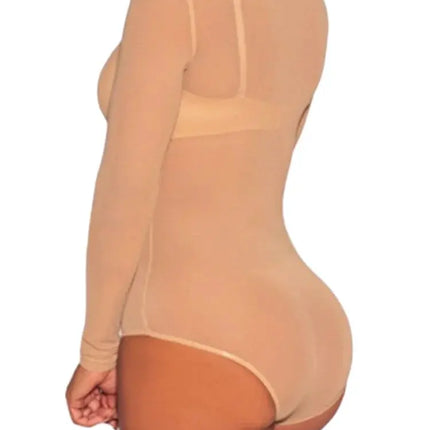 Women Mesh Bodysuits Summer Fall Long Sleeve Mock Neck Bodycon Body Top See Through Vintage Sexy Clubwear
