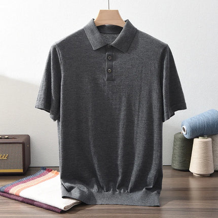 High quality 100% pure spun cashmere men's T-shirt casual solid color knitted pullover short sleeved POLO Neck Tees basic Tops