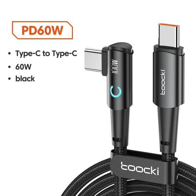 Toocki 100W USB C to Type C Cable PD Fast Charger For Samsung HUAWEI Xiaomi MacBook POCO Elbow 90 Degree USB 2.0 Data Cord Wire