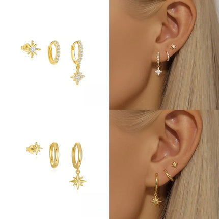 3 Piece Fashion Stainless Steel Round Star Drop Earrings Set for Women 18K Gold Plated Dangle Earring Punk Unisex Rock Jewelry