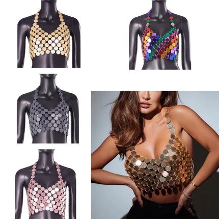 Womens Sexy Hollows Out Outfit Glitter Bra Tops Club Festival Beachs Party Mirrors Skirts for Summer