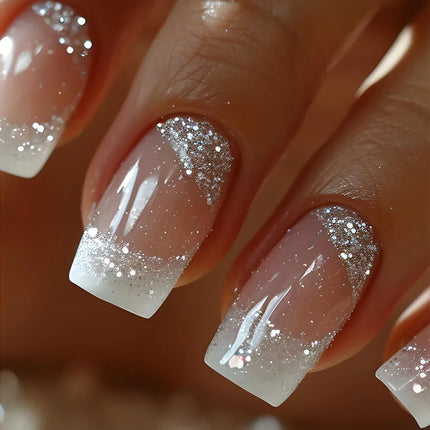 24Pcs Simple Square Head Fake Nail with nude design White Gradient French Press on False Nails Short Full Cover Nail Tips