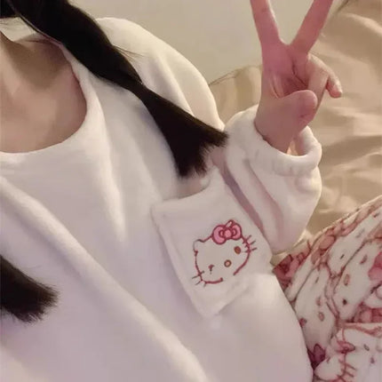 Kawaii Sanrio Hello Kitty Pajamas Cartoon Soft Plush Female Flannel Winter New Plus Velvet Thick Sweet Warm Tracksuit