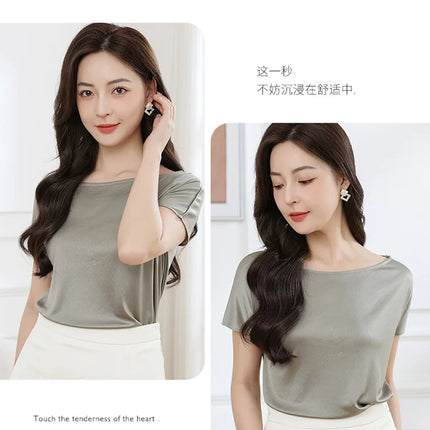 Summer women's short sleeved acetate fabric high-end knitted women's T-shirt thin European style hot selling women's T-shirt