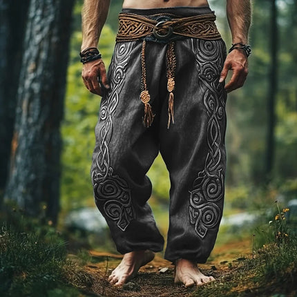 Men's Retro Viking Celtic Knot and Snake 3D Printed Casual Drawstring Straight-Leg Summer Beach Pants