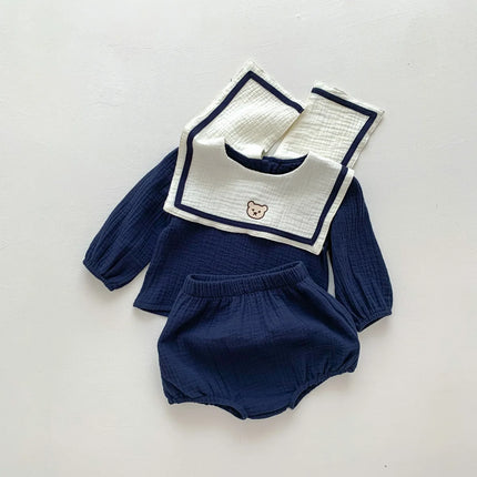 New In Autumn Kids Baby Girls Full Sleeve Naval Leader Bear Top T-shirts+solid Shorts Toddler Infant Cotton Clothing Set 2pcs